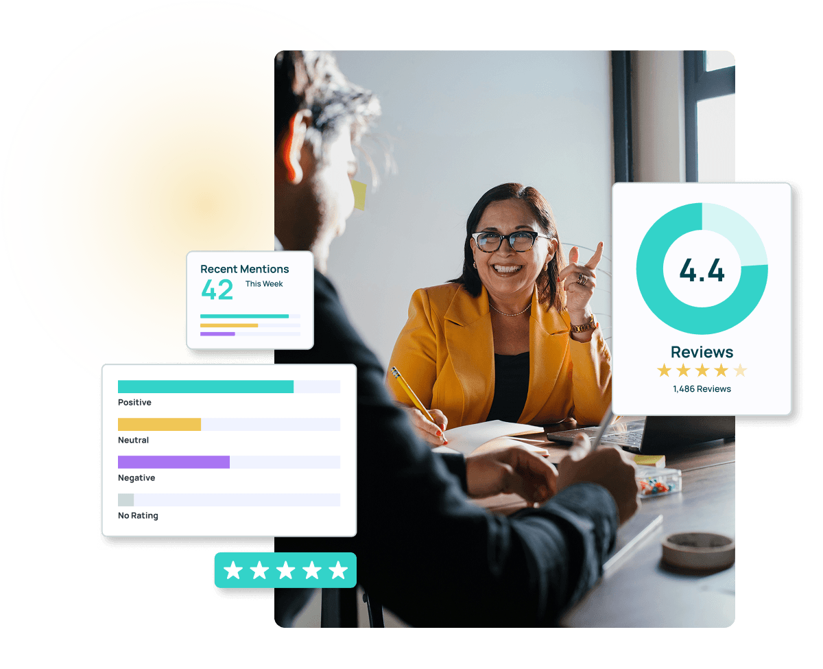 Image of two coworkers chatting and laughing at a table alongside graphics of reviews and ratings.