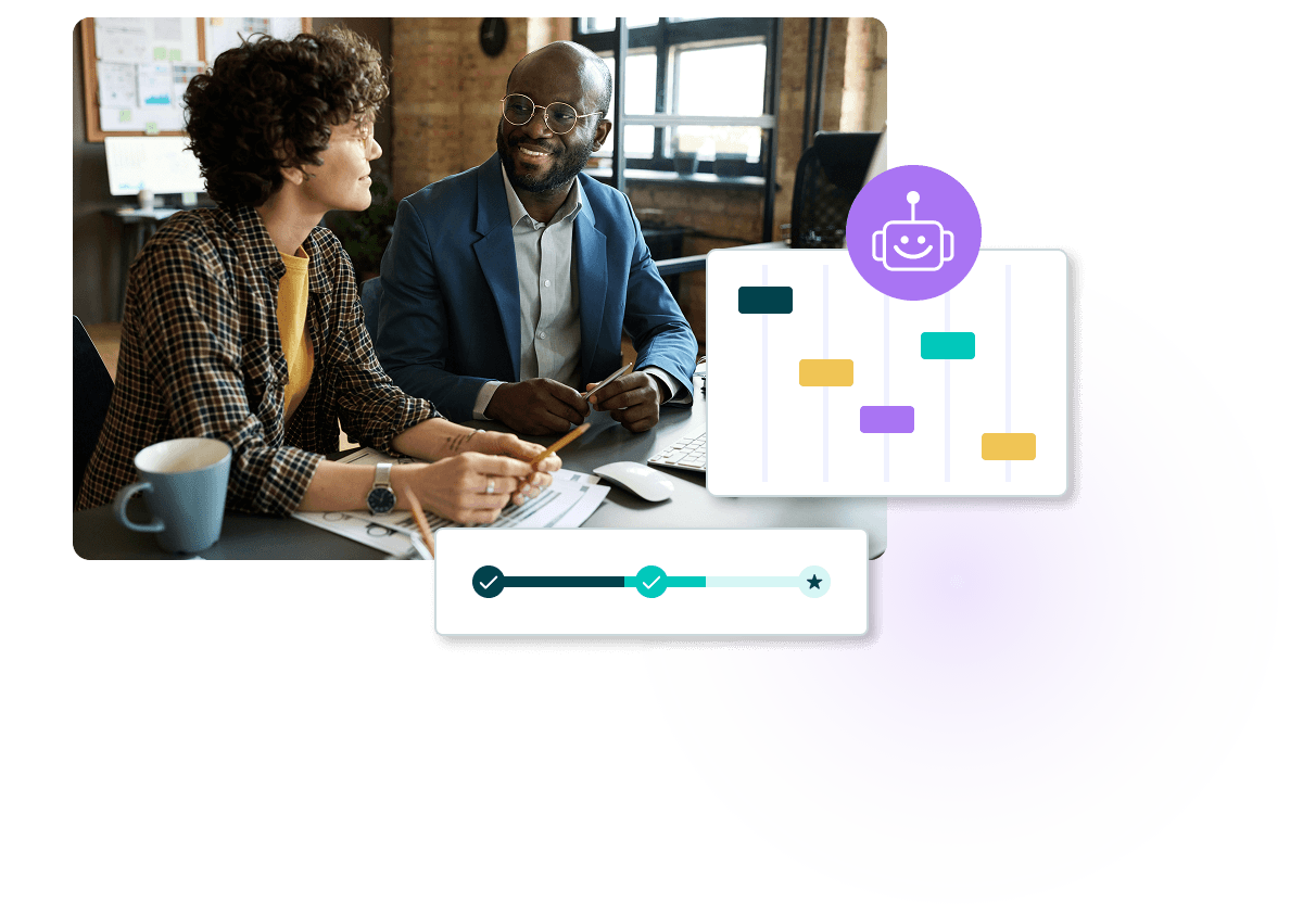 Image of two coworkers chatting at a desk alongside graphics of a Gaant Chart and timeline.